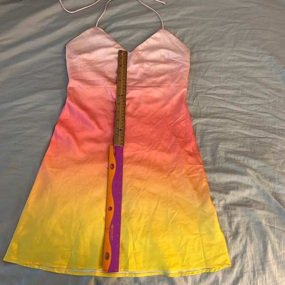 Princess Polly 4 Sunset Mini Dress, Halter Tie Neck, Pink Yellow Ombre, Silky - Picture 8 of 12
